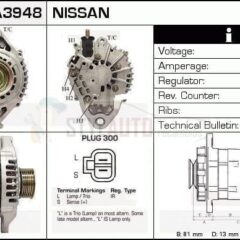 Alternador Nissan, 23100-3M200, 23100-BU010, JA1607IR, LR180-751, LR180-762